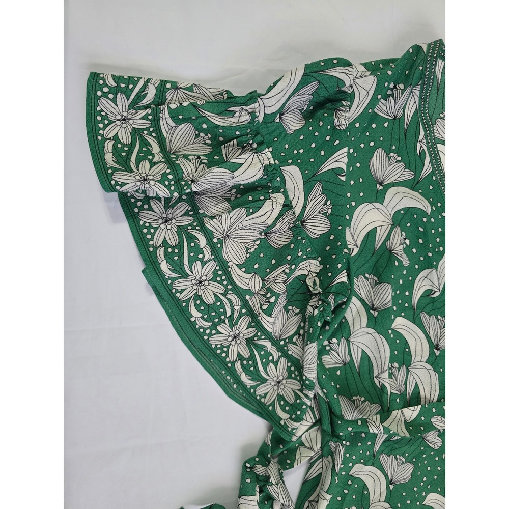 MaxStudio Green Floral Polka Dot Ruffle Wrap Dress Flutter Sleeve 8912C60 Medium - Picture 9 of 16